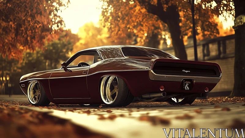 Low-angle view of modified classic coupe in autumn street.