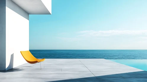 Minimalist ocean terrace frames yellow chair and horizon