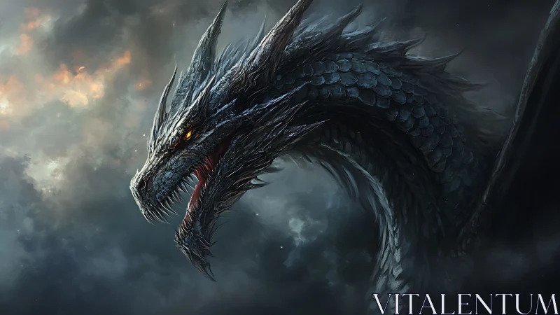 Armored dragon head rendered with high-detail scales in storm clouds