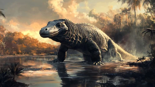 Primeval reptile strides through glowing swamp at dusk.