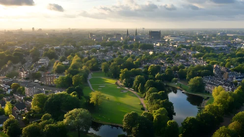 Sunlit city park cradled by rooftops and distant spires.
