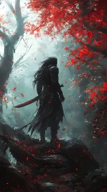 Armored wanderer surveys crimson forest in moody backlight