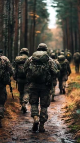 Soldiers in camouflage gear marching through forest trail.