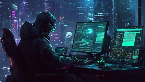 Hooded computer operator monitors data on multiple neon screens