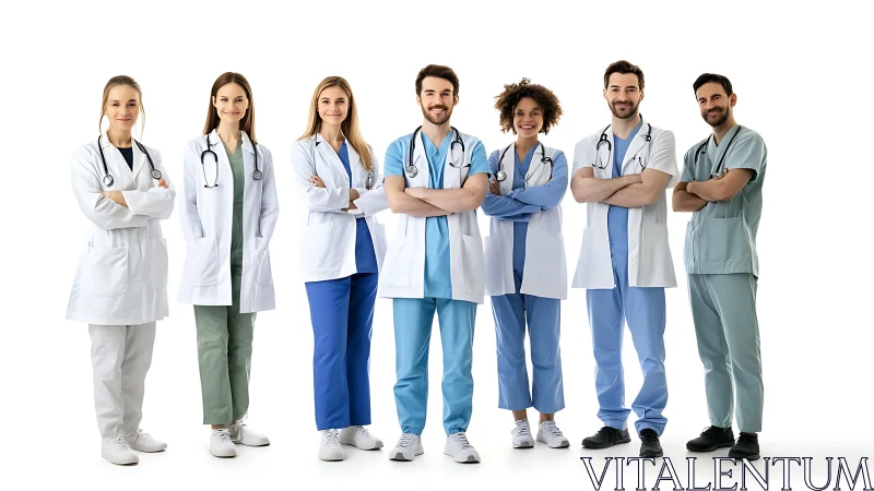 Confident medical dream team stands ready in crisp studio light