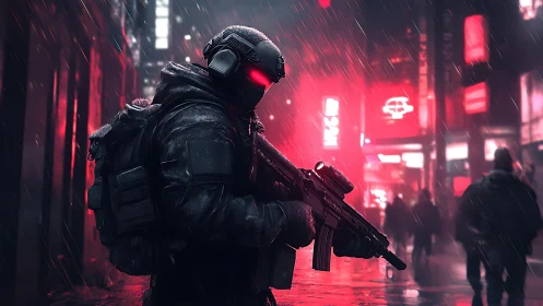 Cyberpunk tactical operative in neon-soaked rainy alleyway scene.