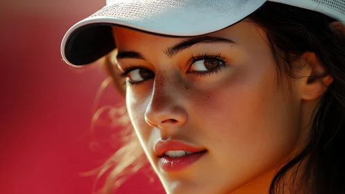 Sunlit close-up portrait under white sports visor cap.