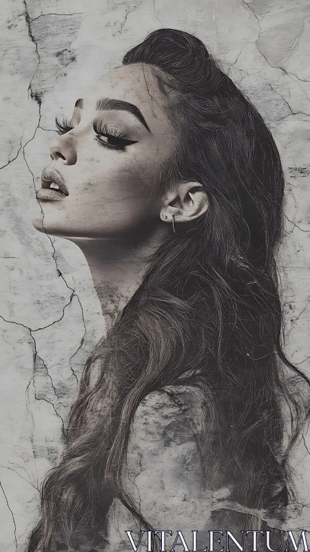 Monochrome female portrait fused with cracked stone wall.