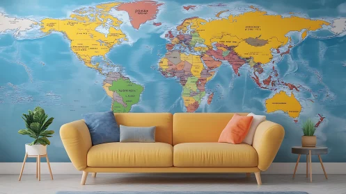Contemporary sofa with large colorful world map mural backdrop.