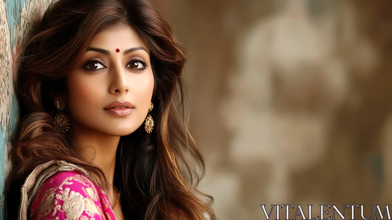 Indian woman in ornate saree gazes softly at camera.