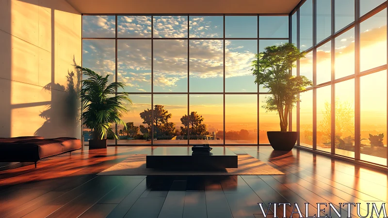 Sunlit glass loft cradling dawn over a tranquil cityscape.