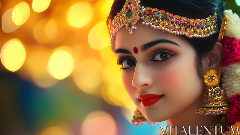 Gilded-eyed festival muse framed in marigold bokeh light.