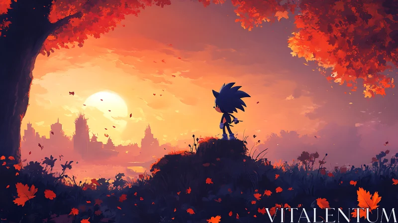 Silhouetted hedgehog studies sunset skyline in warm gradient sky