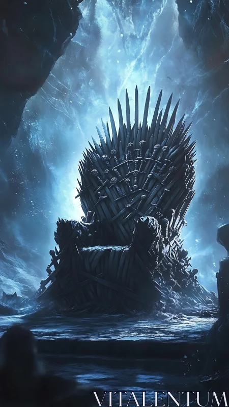 Digital painting of an icy sword throne in cavernous backlight.