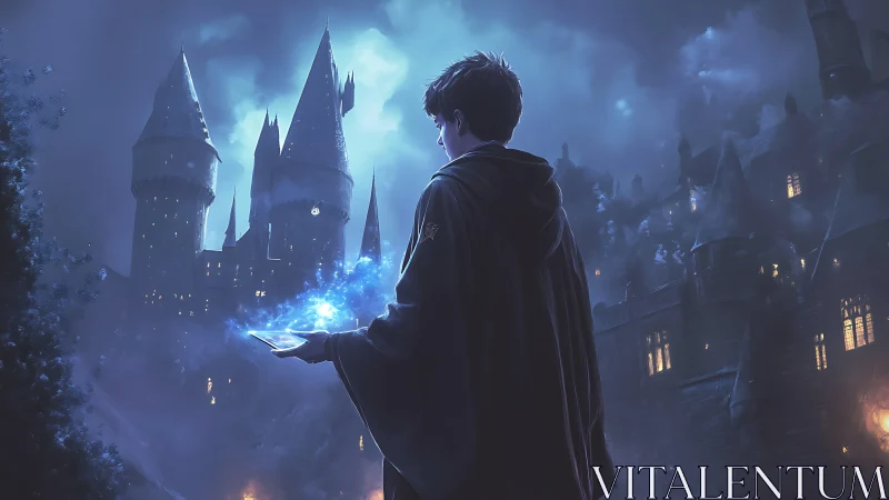 Moonlit young sorcerer lets a fortress bloom from spellbook