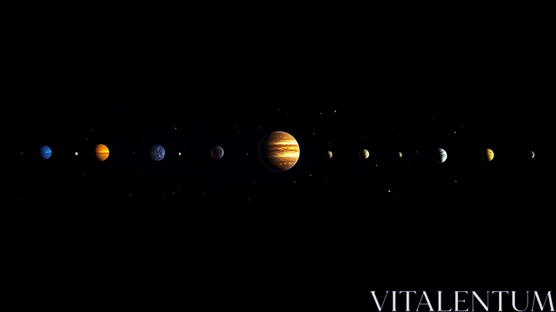 Solar system lineup in deep black cosmic void panorama.