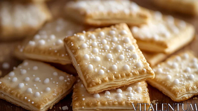Pearl-topped shortbread cookies with crimped edges on wooden surface.