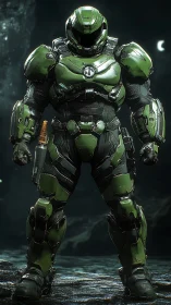Armored sci fi soldier in green power suit at night.