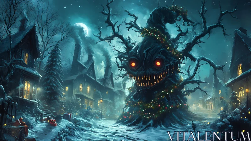 Moonlit monster tree turns a snowy village into eerie wonder