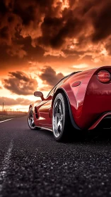 Red sports car waits on open road beneath blazing sunset.