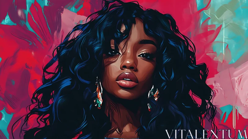 Chromatic digital portrait of woman with dynamic curls rendered.