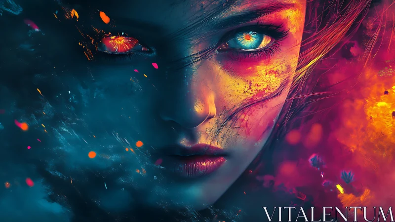 Bicolored elemental portrait fusing fire, ice, and ethereal bloom