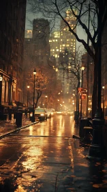 Rain-soaked city street with warm reflections and taxis.