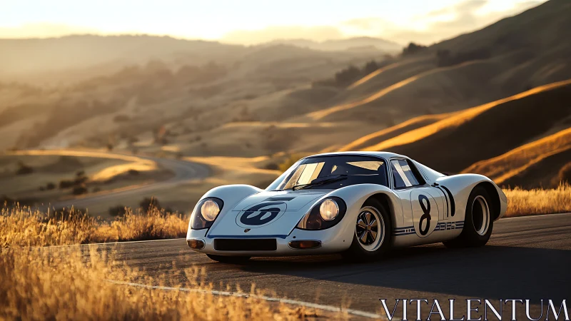 Photorealistic vintage race car on winding hillside road at dusk.