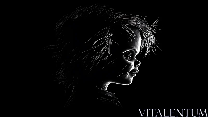 High-contrast side profile of scarred doll in black void