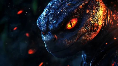 Fiery eyed reptilian creature with glowing scales closeup