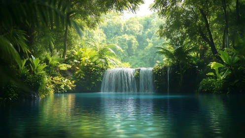 Emerald jungle waterfall cradling a tranquil sapphire lagoon.