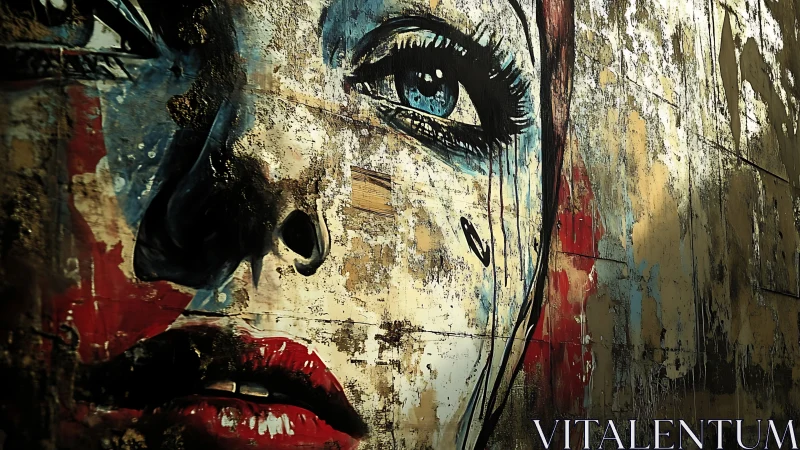 Fragmented female face mural on distressed urban wall.