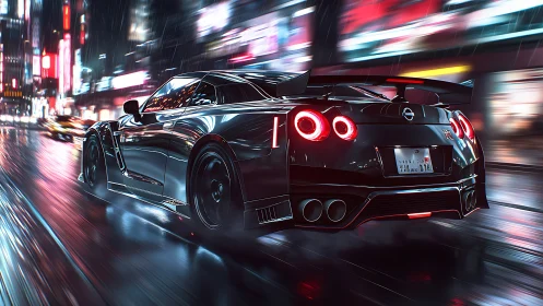 Midnight Nissan GT-R powers through neon soaked city streets.