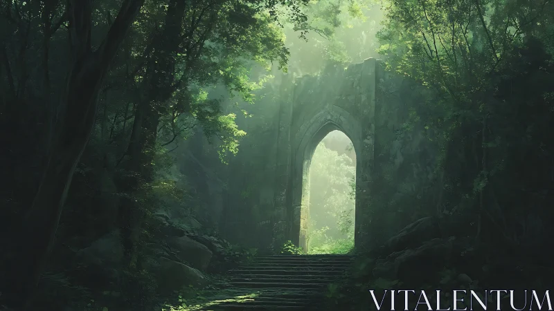 Ancient Gateway: Mystical Portal Through Emerald Woods