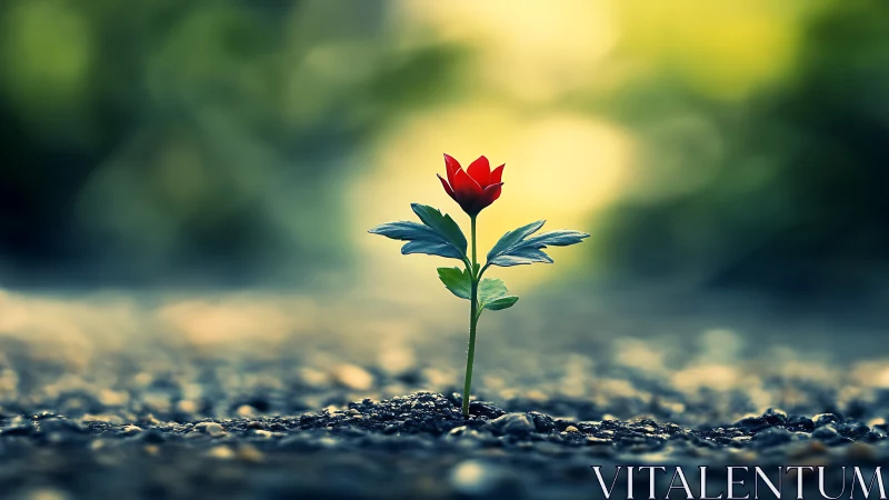 Macro study of single red wildflower emerging from gravel