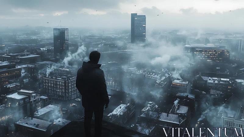 Solitary silhouette surveying a fog-drowned winter cityscape.