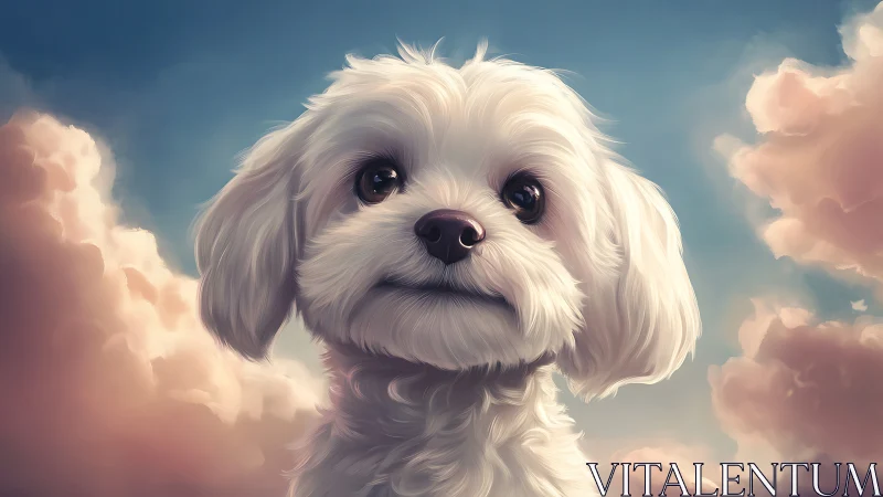 Soft-lit white dog portrait against volumetric pastel cloudscape