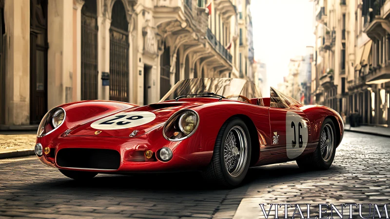 Sunlit red vintage race car gliding through old city streets.