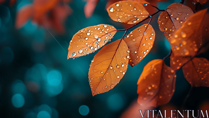 Macro study of rain-beaded orange foliage against teal bokeh.