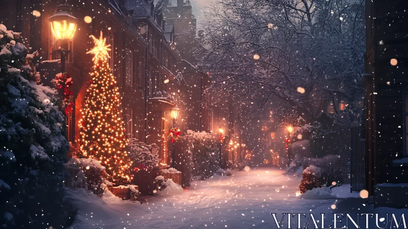 Snow-covered town street with illuminated Christmas tree.
