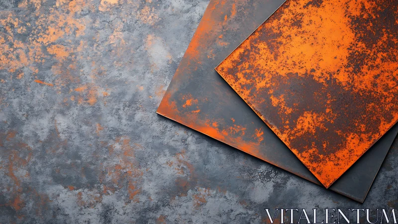 Rust-textured orange metal sheets overlap on gray surface.