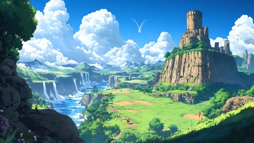 Fantasy Landscape with Castle Tower and Waterfalls.