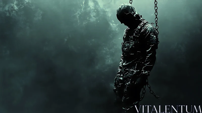 Silhouetted chained soldier suspended in cold teal mist.