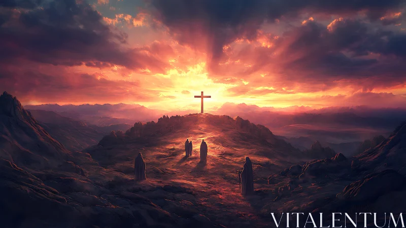 Cross on mountain ridge under dramatic glowing sunset sky.
