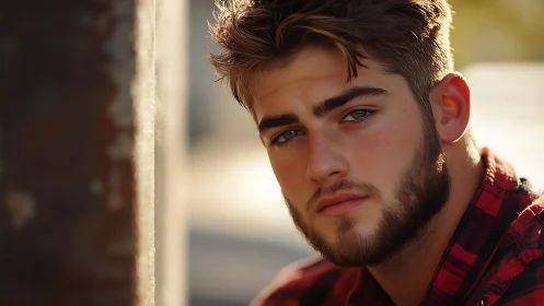 Shallow depth portrait of bearded man in warm directional light