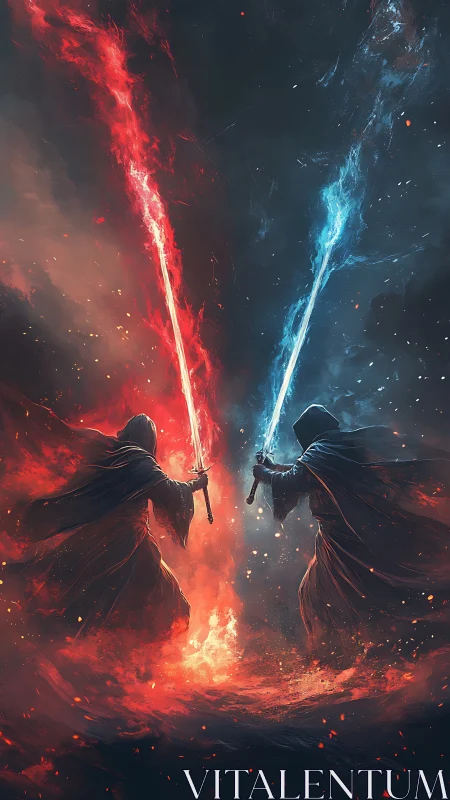Dueling sorcerers carve molten red and icy blue rifts in night