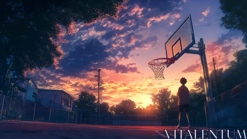 Twilight court dreams under a burning cotton-candy sky.