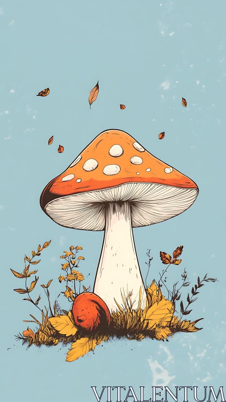 Autumn toadstool sentinel crowned by drifting golden leaves.