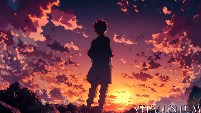 Sunset sky welcomes a lone anime hero to quiet reflection