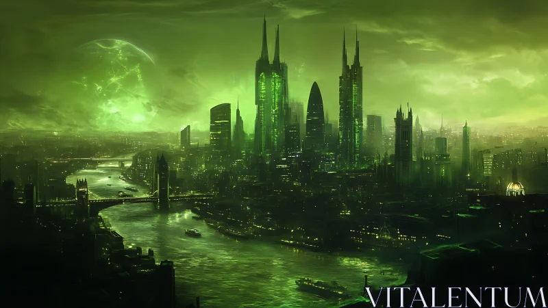 Emerald night over a futuristic riverside metropolis.